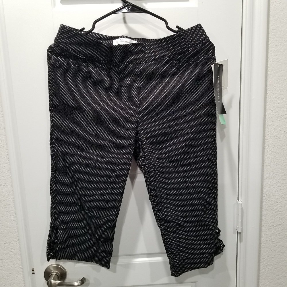 Pants Crop Comfort Elastic Waist 89th Madison Women Size PM Black White Dots